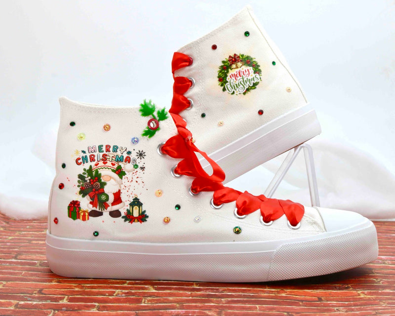 Merry Christmas gnome high top sneakers personalized with red ribbon laces - side view