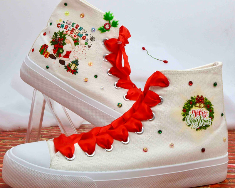 Merry Christmas gnome high top sneakers personalized with red ribbon laces - pair view