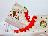 Merry Christmas gnome high top sneakers with wreath design and rhinestone crystals