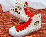 Merry Christmas gnome high top sneakers on brick background with red ribbon laces