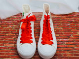 Merry Christmas gnome high top sneakers front view with red satin ribbon laces