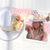 Cowgirl Hat Women wedding Artificial Wool Western Rodeo Bride Personalized Flowers Footage | Boho Country Bride accessories Outdoor Wedding