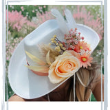 Cowgirl Hat Women wedding Artificial Wool Western Rodeo Bride Personalized Flowers Footage | Boho Country Bride accessories Outdoor Wedding